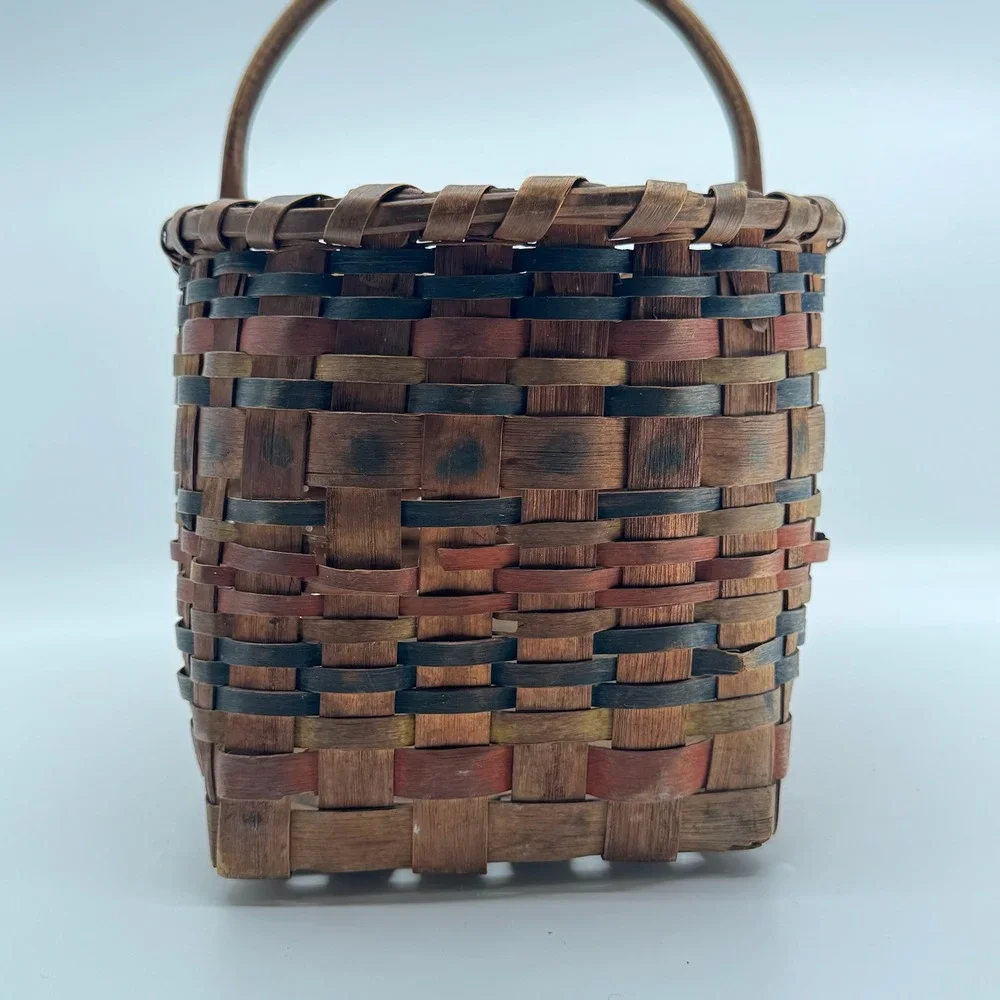 Vtg Hand Woven Splint Oak Gathering Basket Bentwood Handle Primitive Farmhouse